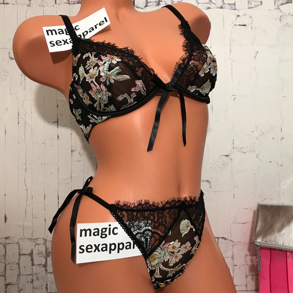 VS LUXE 34 36 38 SATIN EMBROIDERY BRA PANTY SET APPLIQUÉ FLORAL